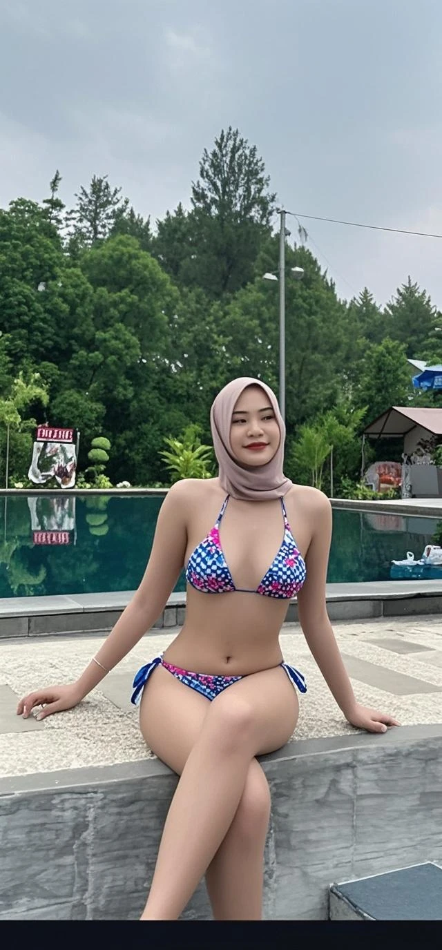 (masterpiece, best quality:1.3, fisheye), extremely high detailed, intricate, 8k, HDR, cinematic lighting, front pov ((swimming pool:1.4, bent over against pov, hands grabing viewer )), slim waist, wide hips, fluffy cheeck, plump cheeks, big breast, wearing sexy white lingerie, at the garden, malay women wearing hijab.
