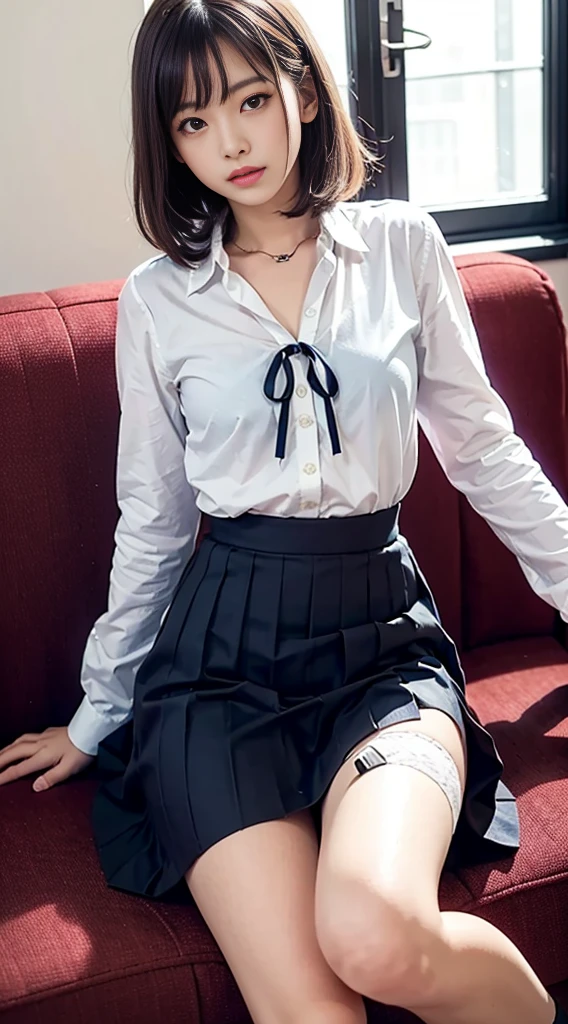 (8K、top-quality、​masterpiece:1.2)、(reallistic、Photorealsitic:1.2)、 Phenomenally cute girl、14years、sitting on、(((pantyshot)))、(((Spread your legs apart)))、独奏、‎Classroom、watching at viewers、(Sit up:1.5)、In the school、Chest that looks like it's going to burst、Fine and beautiful eyes、)、(Dark blonde hair:1)、(short-hair:1.1)、pantyshot, Spread your legs apart, skirt by the, student clothes, white  panties, sockes, A dark-haired, The shirt, bblurry, blurry backround, knee high, white  shirt, lowfers, life-like, length hair, s lips, Brown-eyed, Black socks, neck tie, pleatedskirt, the bow, head rest, looking to side, plein air, Brown Footwear, ​masterpiece, top-quality, ultra-detailliert、(((pantyshot)))、(((Spread your legs apart)))、Inviting eyes、