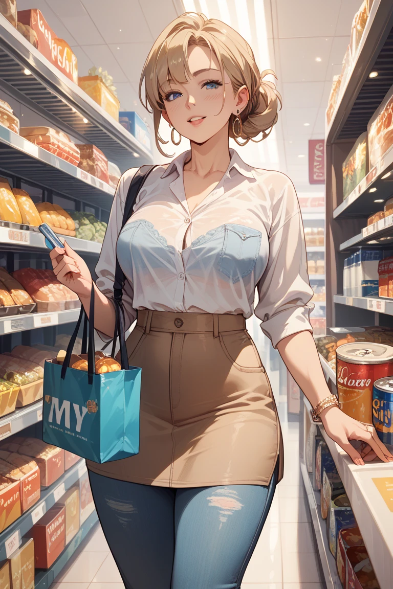 (Married woman:1.5), (Elegant:1.3), (brown hair:1.5), (wavy hair:1.5), (medium hair:1.4), (Big eyes:1.2), (droopy eyes:1.4), (surgical mask:1.4), (shiny skin:1.5), (exquisite female body:1.5), (well-shaped big breasts:1.3), (white long tight dress:1.4), (long sleeve:1.3), (knit fabric:1.3), (Luxury Bag:1.3), (looking away:1.3), (profile:1.3), (skindentation:1.4), (underwear department:1.3), (Inside the store:1.5), (pov:1.5), (close up:1.3), (View from below:1.3), (High resolution:1.2), (highest quality:1.2), (8K:1.2),