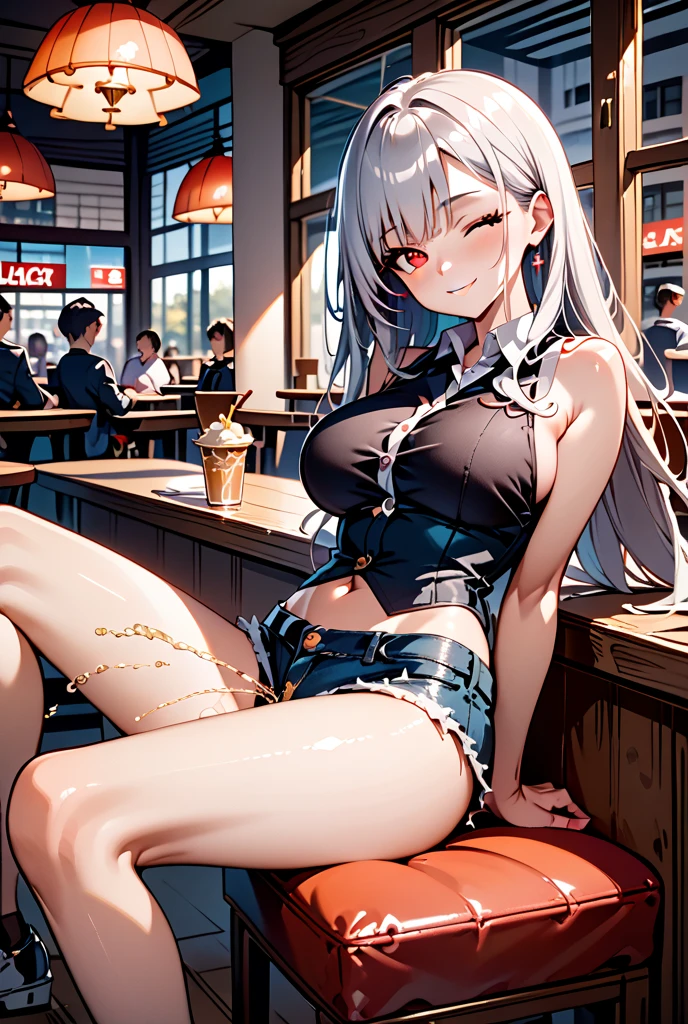 sologirl, (masterpiece), (((best quality))), ((detailed face)), (perfect face), (detailed eyes), (beautiful eyes), award winning, (4k), incredibly absurdres, (absurdres), (highres), (sharp), extremely detailed CG, 8k_wallpaper, ((ultra-detailed))), (illustration), CG, wallpaper, ((HDR)), ((high quality)), ((high-definition)), (((extremely detailed))), <lora:azurlanedrake:0.3>, (upper body), (standing), long hair, grey hair, ponytail, yellow eyes, large breasts, (pov), looking at viewer, crop top, tank top, cleavage, midriff, navel, denim shorts, thigh boots, high heel boots, open mouth, wide smile, wedding ring, (leaning forward), outdoors, playing with own hair