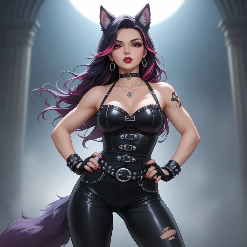 1 beautiful woman with black hair, cat ears and red eyes in front of brick wall, white brick, cinderblock wall, top trim, Metal trim, TF2 texture, best videogame textures, albedo texture map, no lighting, fullbright. city at night, urban, Neon colors