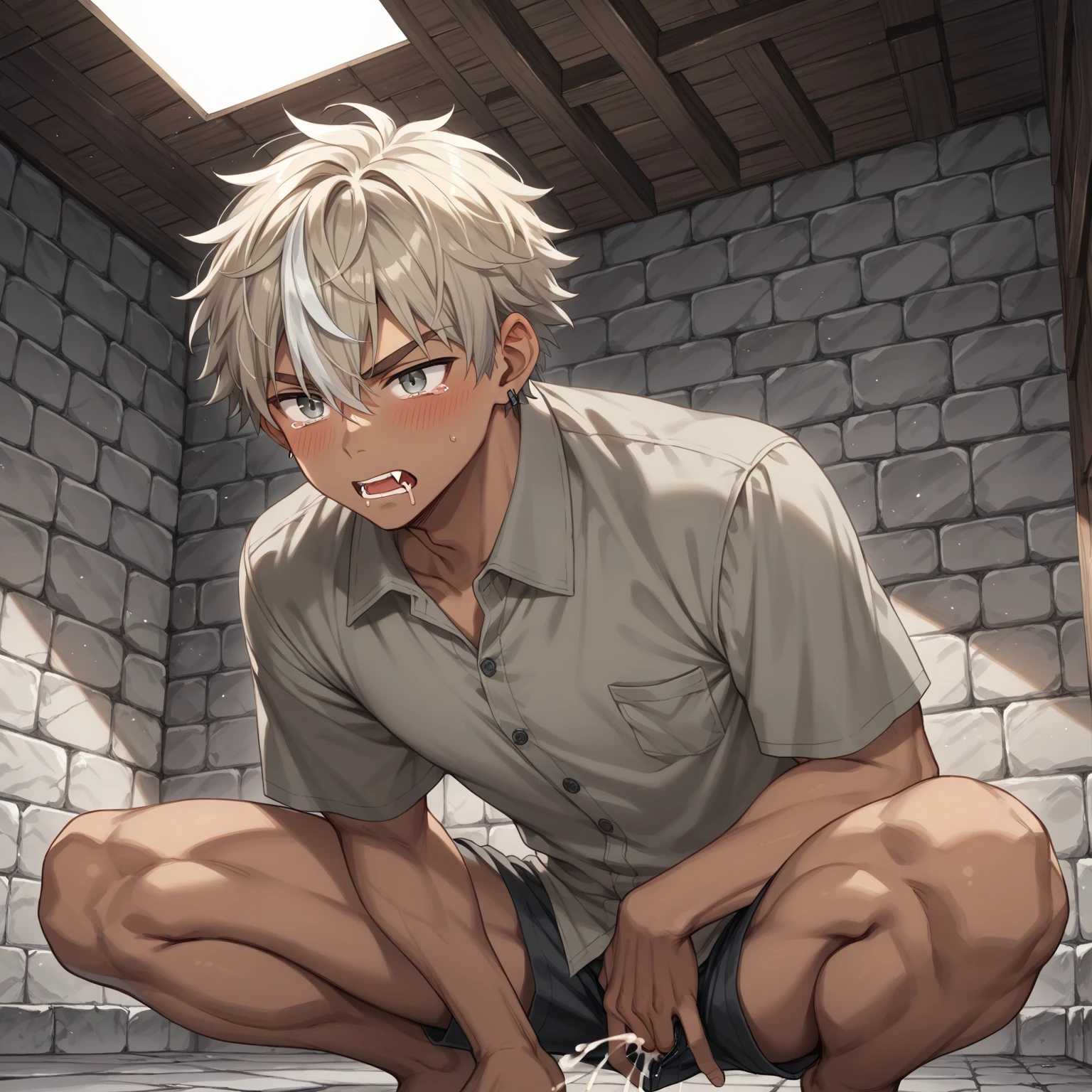 A white-headed boy sits barefoot on the floor of the basement,Abs,criminal,Barefoot,ankle chains,Shirtless,prisoner,Behind bars,Neck with collar,shoun,Young age,Child face,Hands are cuffed,Large sharp wolf ears,White hair,brush cut,The barefoot,shoun,Golden eyes