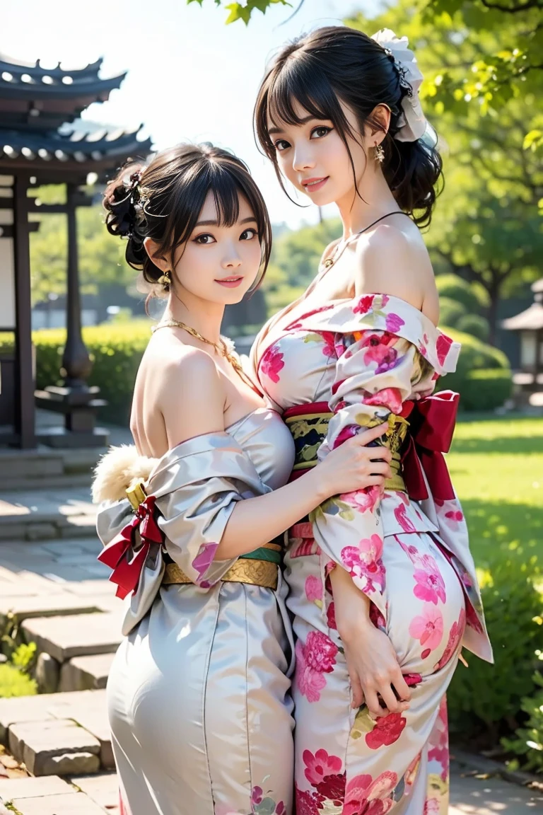 1girll, 独奏, exteriors, Cute Japan Model Girl, {{Take off your kimono}}, Estampados florales, hair adornments, looking at viewert, hair flower, with brown eye, By bangs, tmasterpiece, Best quality at best, Realistis,