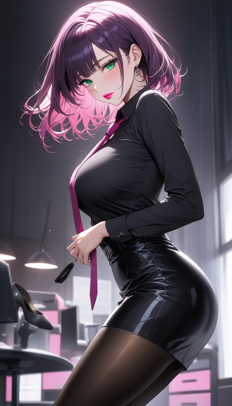 (masterpiece:1.5), (photorealist), (bestquality), (highlydetailed), (ultra-detailed), (1girl:1.2), ((solo girl)), ((full body is shown)), ((sexy and slim hourglass figure)), ((ginormous breasts)), (coral hair), ((pink fox ears)), ((pink hair highlights)), ((long spacebun hair)), (wavy hair), (shiny hair), ((she is wearing a tight and sexy formal attire)), ((she is wearing fitted pencil skirt)), ((school background)), ((she is wearing glasses)), ((she has black tights under her skirt)), ((she is holding a ruler on one hand)), ((the perspective is from below)), ((she has a smug look on her face))