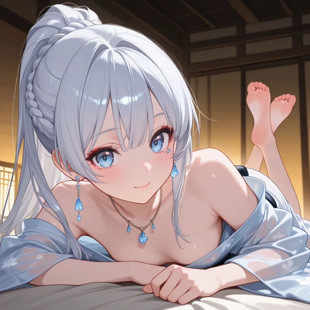1girl,(White hair:1.3),White eyes,(light blue hair),(Sarashi),kimono,(big breast),Androgynous,leg,(knee up),medium hair,hair,bare shoulder,masterpiece,best quality,very aesthetic,absurdres,front view,looking at viewer