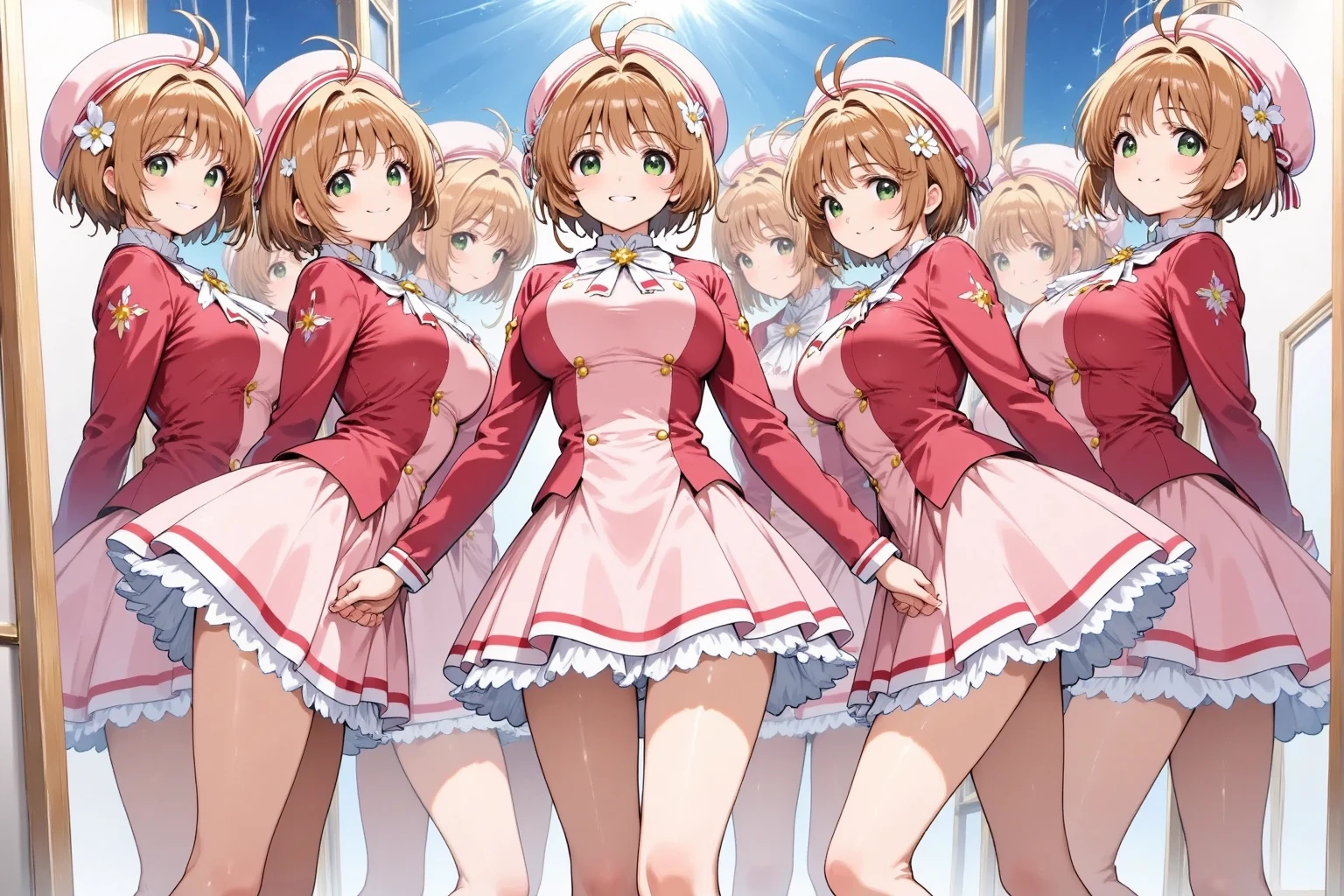 multiple girls, 3girls, standing, giantess art, highly detailed giantess shots, giantess, most detailed, perfect face, Two legs, Five fingers, short hair, A beautiful girl who is bigger than a skyscraper, Wearing rimless glasses, smile, huge breasts, magical girl dress, bow, magical girl, holding a magical wand, black pantyhose, stiletto heels, thunderbolt from a magical wand, seaside metropolis, numerous miniature warships on the sea, Destroying cities, Under heavy attack, A very small big city, Miniature metropolis, Full body description, GTS, giga giantess, stomping city, crash city, tiny city, micro city, pantyhose feet, High resolution, highest quality, masterpiece, 