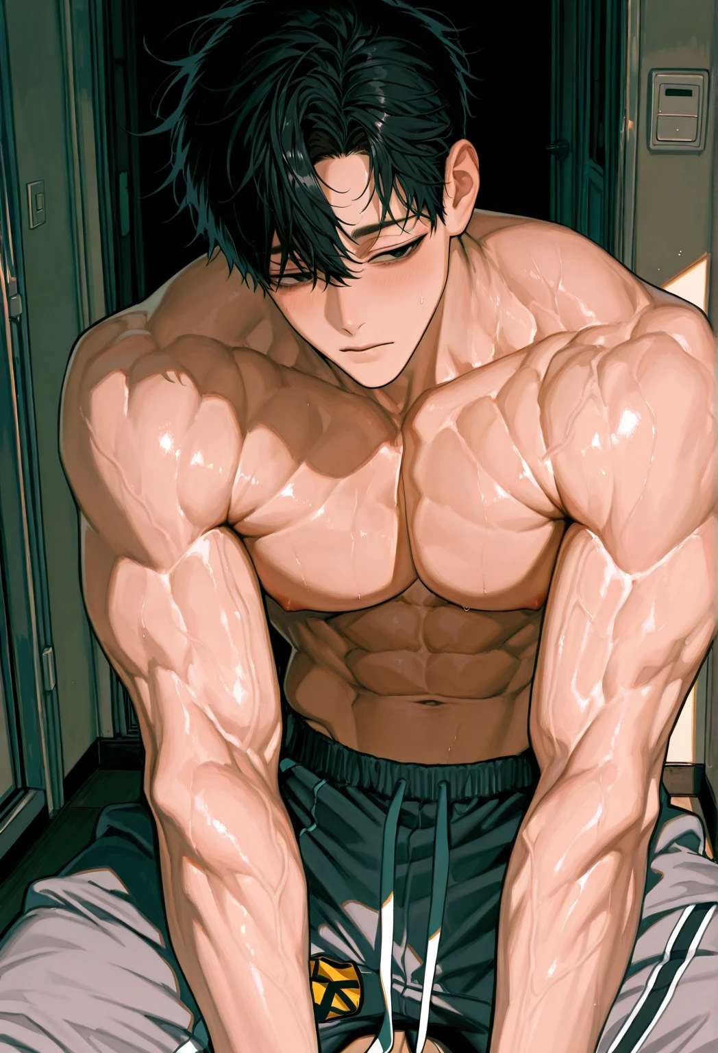 in the background a traditional japanese house with a large blooming peach tree in the center In leng jun art style front view , fullbody, 1man, shirtless, pantless, wearing blue thongs, barefoot, squating An fullbody portrait, view from aside behind |ultradetailed color pensil drawing, ((low angle view, storbe lighting,becoming the subject composition )) fullbody, A 47 years old man, latino, cinnamon skin, thin face, straight nose, thin lips, square chin, large black eyes, short black, wavy hair, in roberto ferri style, aesthetic slim athletic body, very tall, latino, realistic skin, gorgeous, realistic detailed tonned muscles, barefoot, perfect anatomy, muscled fitness body, 195cm tall, realistic skin, skinny realistic detailed muscles, ((detailed feet), detailed hands, detailed face, He is naked , squatting next to a chair in the background ultradetailed intricated painting museum hyper detailed scene, Miki Asai Macro photography, close-up, hyper detailed, trending on artstation, sharp focus, studio photo, intricate details, highly detailed, by greg rutkowski
i