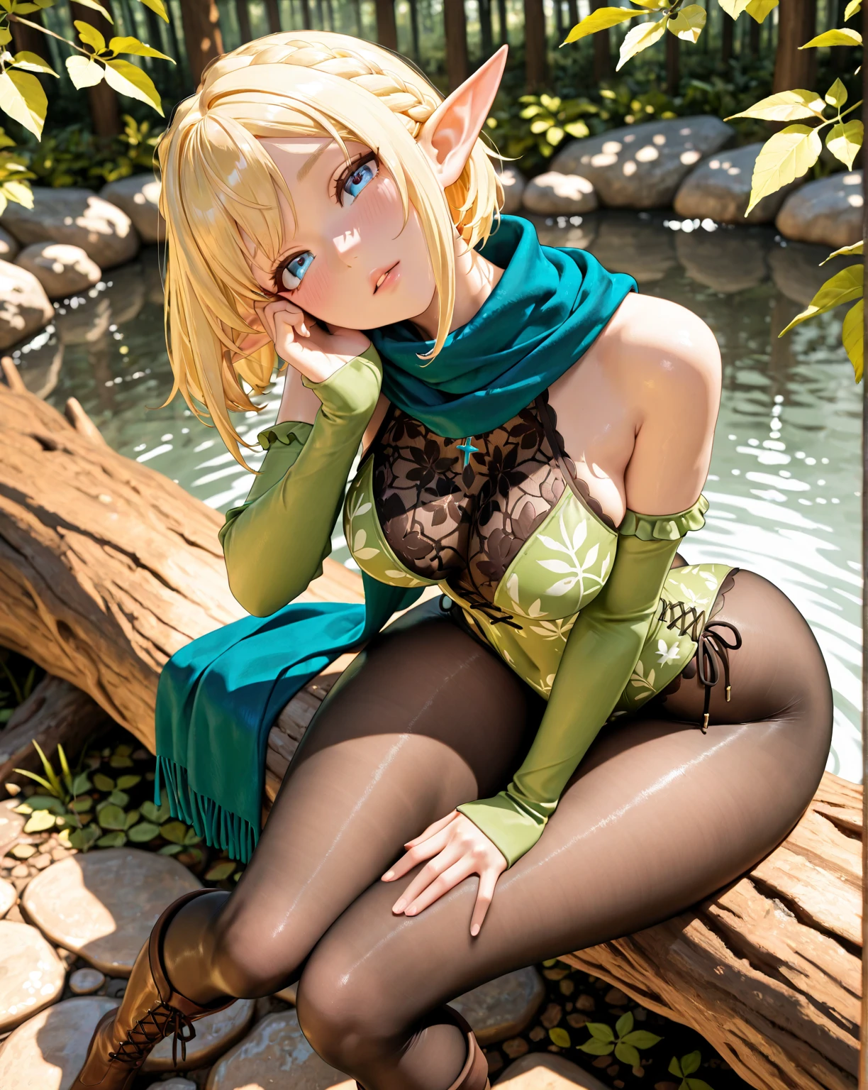 highest quality, High resolution, AND18, 1 girl, android 18, alone, blonde hair, blue eyes, short hair,earrings,big breasts, frown,panicked look,blush, Sweat,1 girl, Black tight suit, streak,running through the jungle,the sky is cloudy,