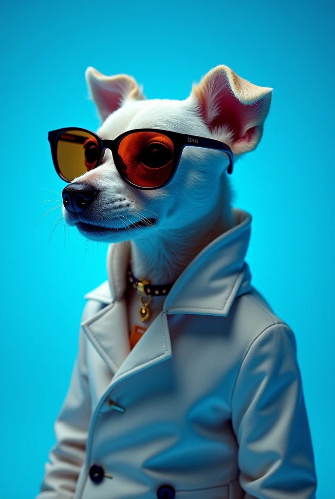 The best cell phone wallpaper, Award-Winning Wallpaper, portrait photography, In the front view is a portrait of a cute dog wearing mid-1960s space age fashion, Side view photo, Shot with Canon EOS R5, Set a strong contrast that accentuates the subject, Fluorescent blue tone, Wearing a very modern coat and sunglasses is a modern 1960s style, Clothes all in one color, beautiful background