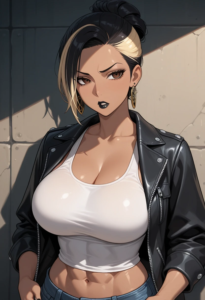 mature woman, mature face, (hot face), flirting expression, raven hairstyle, (white hair color, black gradient hair color), glossy lips, voluptuous body, big breasts, big ass, hands on hips, tank top, hot pants, bedroom
