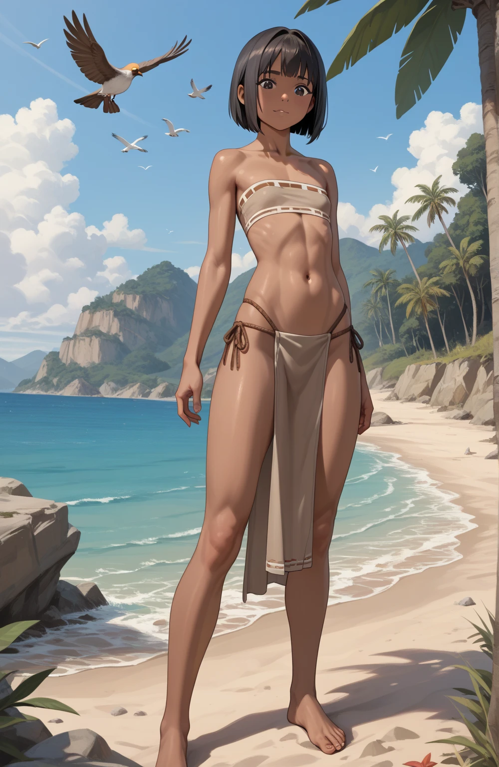 alone in the universe, in watercolor style, Photorealism, discreet golden and ruby and mint shades, (nude) gentle modest thin girl 16 years old (with a very beautiful exquisite face) southern type with short dark hair with beautiful breasts with tender nipples (barefoot) in a long old beige skirt walking in the distance (Across the desert) with a metal flask of wine, stunted little plants, drought, precious jewelry on the neck and chest and on the wrists, precious bracelets, ankle bracelets