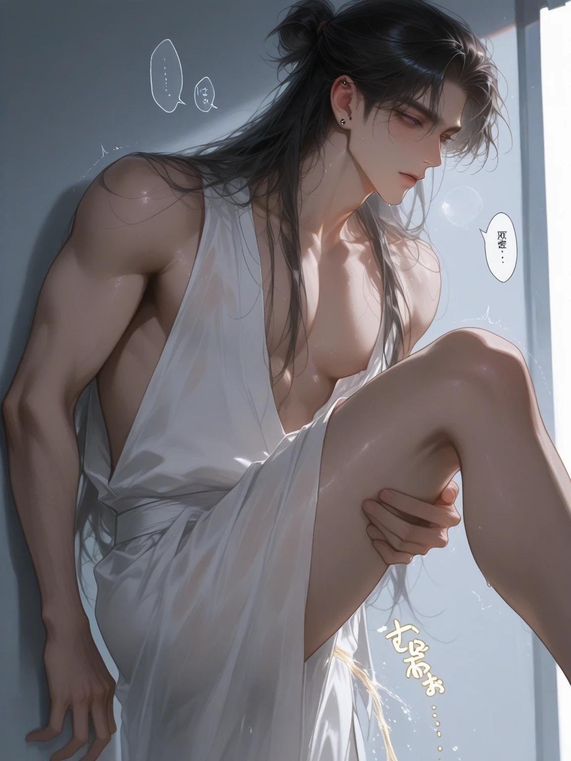 Oily painting, Justin Bieber art antique white+bisque watercolor, attractive uncovered male figure, full-length silhouette, image of insidious seduction, Young man 19 years old In a tight, thin leotard, Large voluminous elastic lush buttocks are exposed, torn fabric, Covers the groin with his hand, squeezes the mound