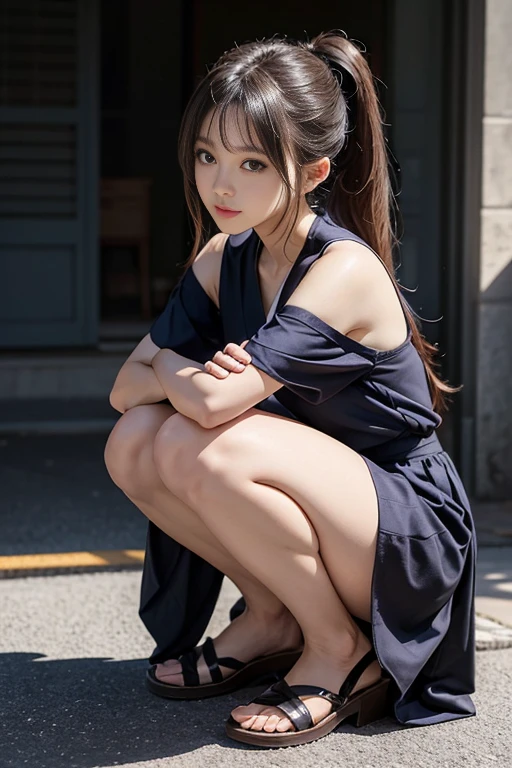 Woman kneeling on the ground on city street, Real life women, Girl is squatting, wearing japanese techwear , Photorealsitic, Casual pose, A charming、(realisitic、Photorealsitic:1.37)、(8k、RAW Photography、top-quality、masterpiece:1.2)、cute little、ultra-detailliert、Heart-shaped pupil、physically-based renderingt、超A high resolution、Kodak Vision Color、Captured with an Arricam LT camera、bokeh dof、foco nítido、 If you look at the viewer、Photorealsitic、realisitic、独奏、Photorealsitic、top-quality、extra detailed face、extremely detailed eye and face、beatiful detailed eyes、absurderes、incredibly absurdness、haunting smile、hair messy、Floating hair、、