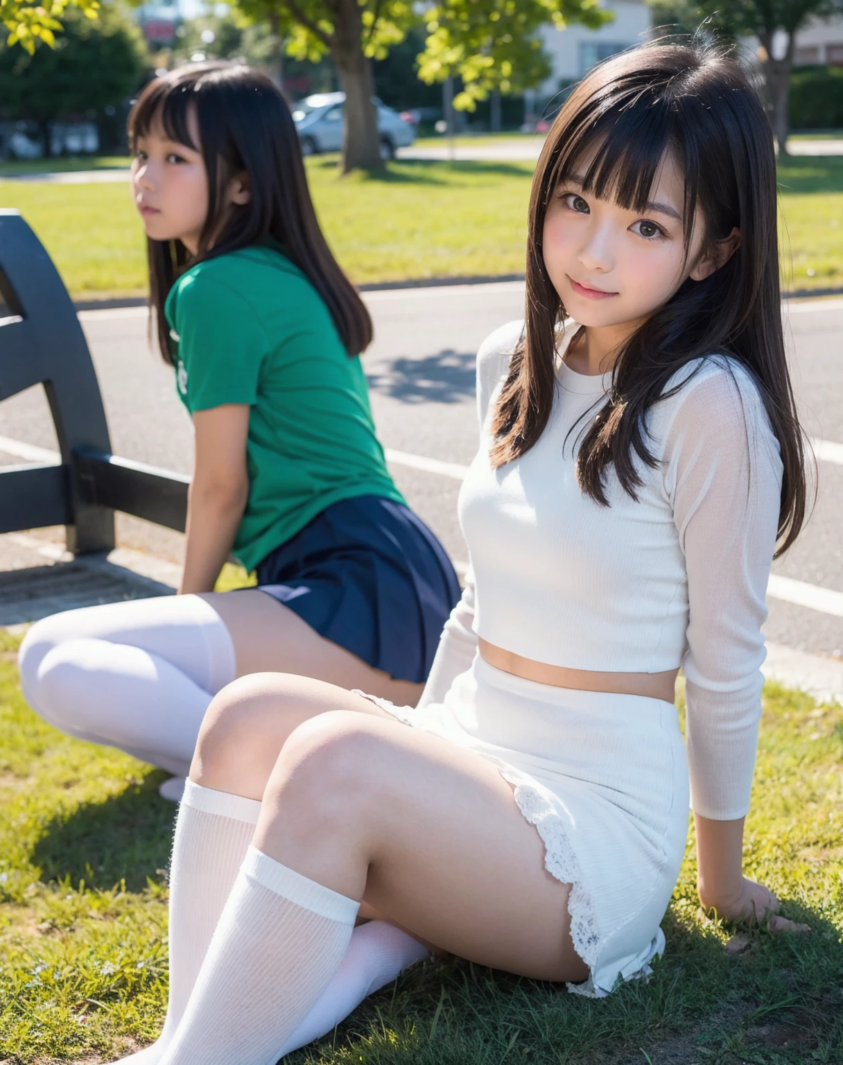 Magazine Cover:1.3、、(２分割photograph:1.3)、(Beautiful 9 year old Japanese female 夏、Primary school students、primary school,All are under 90cm tall:2.0、Spread your legs、squat、(Squat:1.3)、Showing off pussy:1.3), Cute face,（8K、Raw photography、Highest quality、masterpiece：1.2),(Black-haired、Curly Hair、ponytail:1.7),View Audience,Viewed from the front,erotic,(Super Sentai Series、She is wearing a red Pretty Cure costume.:1.6)、(Super Sentai Series、She is wearing a blue PreCure costume.:1.6)、Thin chest、Small nipples、Small breasts、(Slim figure:1.3)、Ultra-high resolution,beautiful,beautiful 顔、,(alone, alone、 background:1.9),whole bodyボディー,、(black eye、Japanese women: 1.3),（Photorealistic：1.37）、Photon Mapping,reality、(Baby-faced and cute: 1.3)、(Cute Smile: 1.7)、With a round face、Physically Based Rendering、Depth of field rally background、photograph, (I can see your knees,Thigh close-up、The blue skirt is too short、Spread your legs、Showing off pussy:1.3),whole body、Super quality、(((There are many adult Yakuza men around the girl.:1.5)))、whole body撮影、、Full Body、From below、