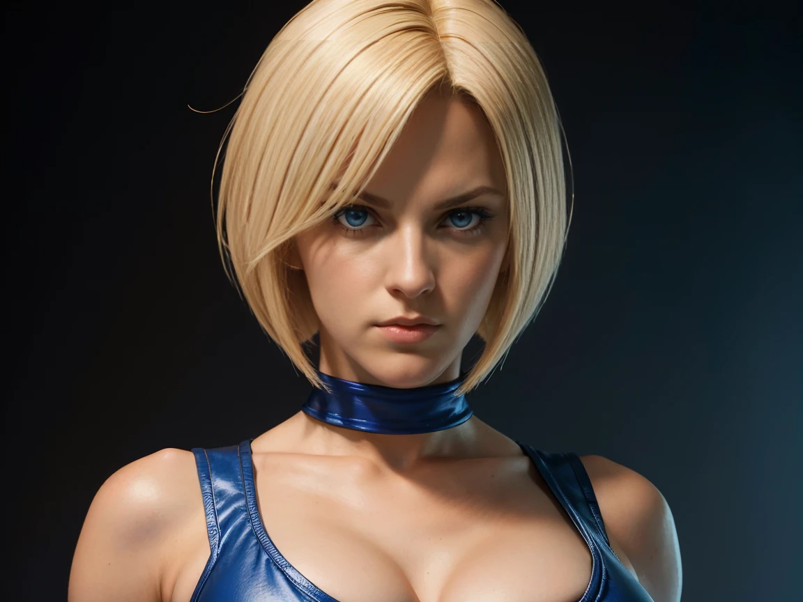 Android 18 from Dragon Ball naked in a laboratory, orders, chained, beaten, frown, big puffy nipples