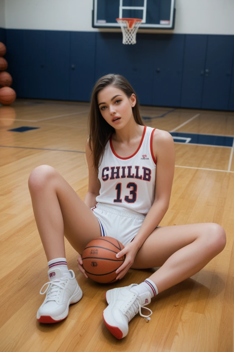 There is a 15 year old woman who is sitting., Retrato de Sophie Mudd, anna nikonova aka new milkmaid, with Pale skin, Angelina Stroganova, Yelena Belova, hermosa joven modelo, Dasha Taran, Barbara Palvin, 2 modelo femenino, Anastasia Ovchinnikova, natural soft Pale skin, Pale, By the chestnut, piel brillante, muy small breasts, muy , cheerleader clothes on a basketball court, lindo,