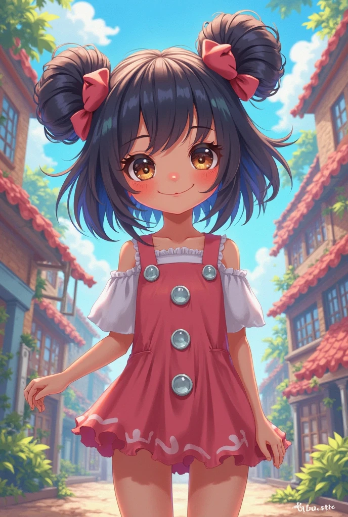 an anime girl with red eyes, long black hair with pink strands with small hair bow with small blue and yellow cubes decoration on the bow, on the right side of the head. She is wearing a white sleeveless shirt and is wearing her white panties 