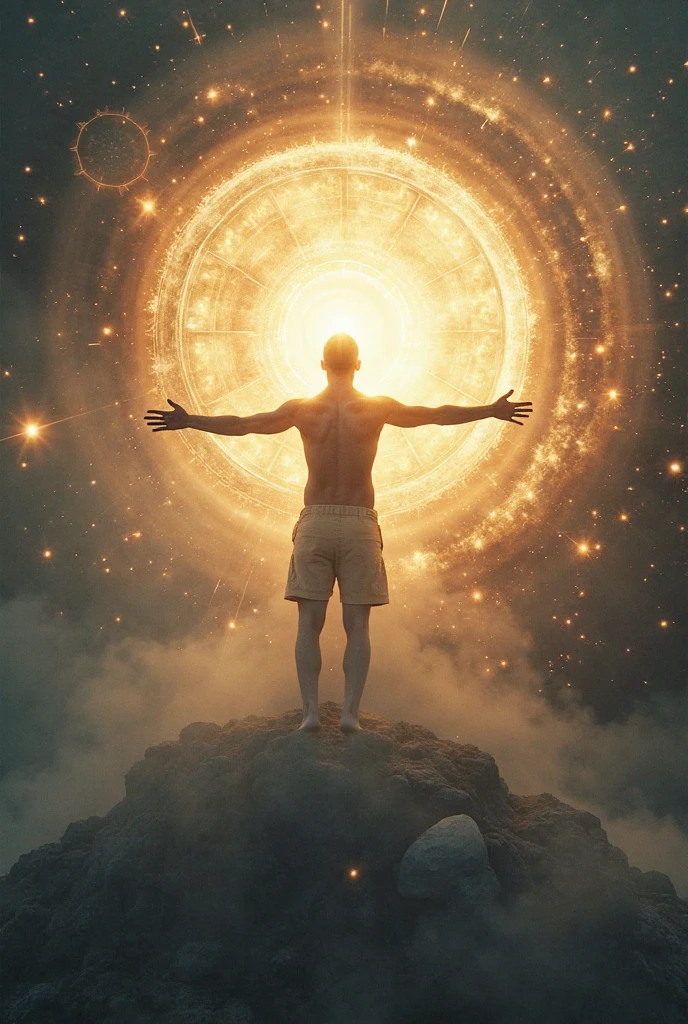 Generate an ultra-realistic image of sigma male controlling his inner energy. The man is positioned on the right side of the image, surrounded by mystical glowing light and cosmic patterns, similar to a powerful aura. Energy radiates from his hands and mind, connecting to the universe with vibrant streaks of light, stars, and galaxies. The scene blends spirituality with modernity, creating a harmonious visual of deep meditation and cosmic connection.