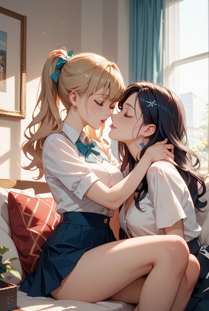 On all fours、Scrounge,Connected saliva,kiss,Female couple.Hug each other strongly、Lesbian,caress,kiss,(masterpiece:1.2, Highest quality), (Realistic, photoRealistic:1.4), Beautiful illustrations, (Natural Side Lighting, Cinema Lighting), Browsing Caution, Two people gazing into each other's eyes, Love each other,  2 people, Japanese, high school girl, Perfect Face, Cute and symmetrical face, Glowing Skin, slimy skin,Wet Hair,
(Long Hair:1.8, Straight hair:1.7, Light blonde), Asymmetrical bangs,, (Large Breasts:1.1, Thick thighs), 
Beautiful Hair, Beautiful Face, Beautiful attention to detail, Beautiful clavicle, Beautiful body, Beautiful breasts, Beautiful thighs, Beautiful feet, Beautiful fingers, 
((Light blue collared shirt, Navy pleated mini skirt, Knee socks, Navy untied tie, Light brown cardigan)), Clothes that are transparent due to sweat、Pink Panties, 
(Beautiful views), evening, On the bed,  (Ahegao, Upward glance), Erect nipples,bottomless