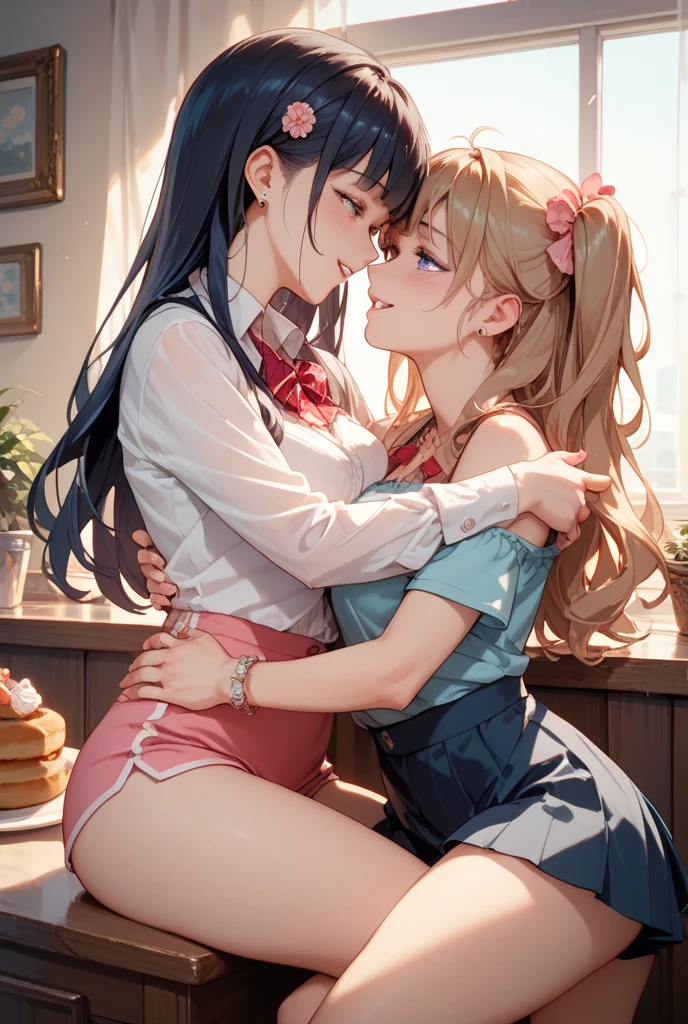 2girls, kiss,hug,masterpiece, best quality,nsfw, highres, cowboy shot sumire1, hairband, long hair, dress ,clothing ,strawberry dress, outdoors, sexy, sexy pose, sexual arousal,(lips:0.6), standing, red face,big breasts,thicc body, cleavage,ass holding, (thicc ass),ass