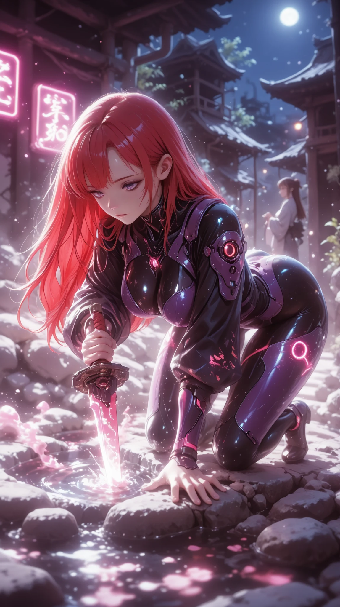masterpiece, best quality, amazing quality, very aesthetic, newest, ultra-detailed, good quality, 1girl, long red hair with wavy ends, purple eyes, cyberpunk-style purple armor with pink neon lights, bent down, looking down, one hand holding a sword with pink neon lights around the blade and the other hand almost touching the water, full body, a large hot spring in the middle of ruins of Japanese buildings, steam rising, natural light, night lighting, focus on the scenery, absurd, highres