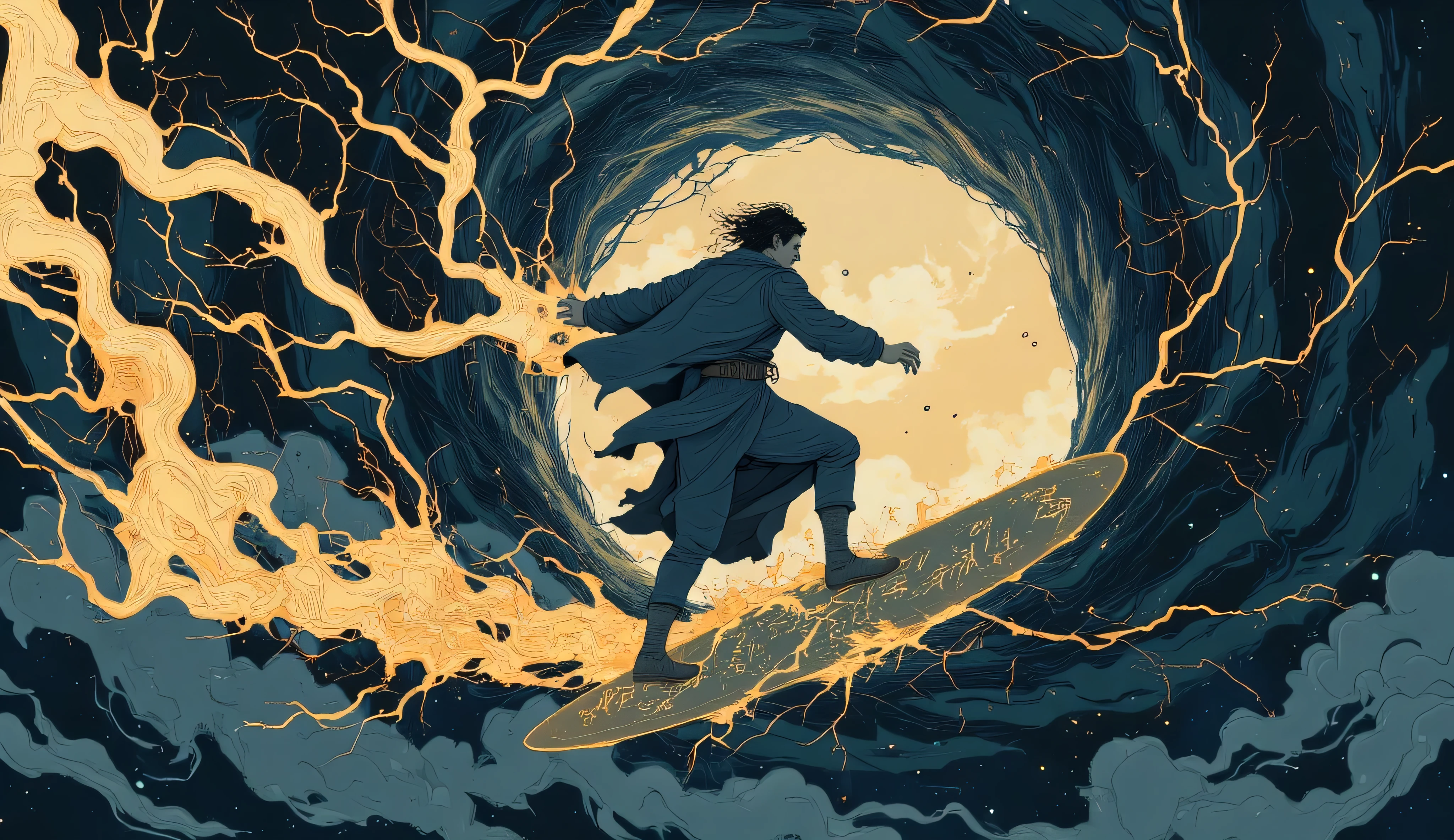 action shot of the prophet Elijah surfing up a colossal, glowing tornado into heaven, rendered in vibrant cyan and magenta tones. The shot uses intense dynamic foreshortening: Elijah’s front leg and shoulder are dramatically enlarged toward the viewer, emphasizing extreme speed and confidence. His hands are casually tucked into the pockets of his glowing, wind-whipped cloak, radiating effortless cool. The divine surfboard beneath him, etched with ancient Hebrew script, bends with the pressure of his ascent as he slices through the eye of the storm. The tornado itself is a spiraling tunnel of magenta lightning and cyan winds, wrapping around him and glowing with celestial power. Above, no chariot awaits—only the raw energy of the open heavens, a portal of divine light tearing through the storm as Elijah rides straight into eternity like a total legend.