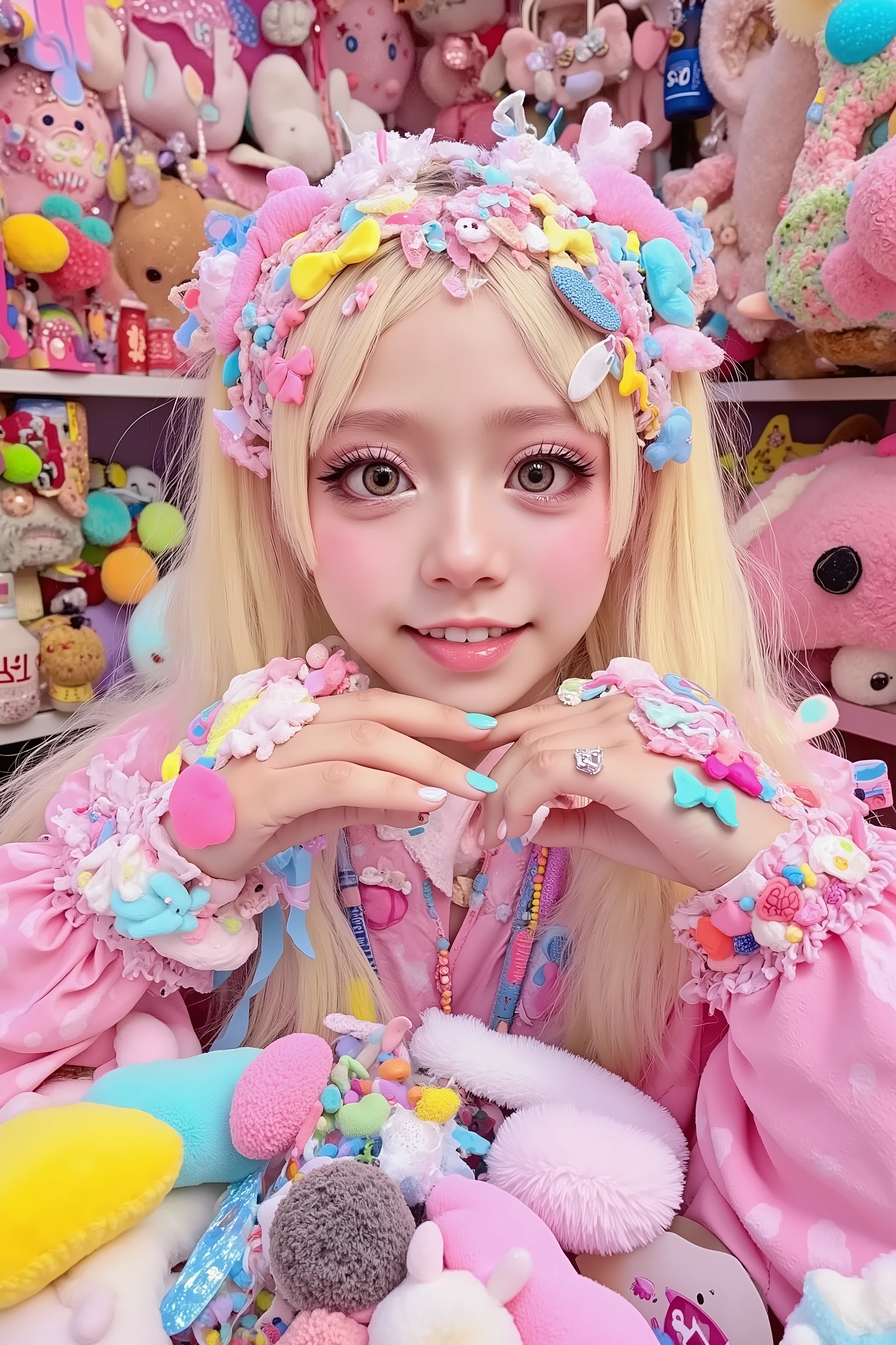 1 girl,decora,smile, face shot,artist photoshoot,decora background