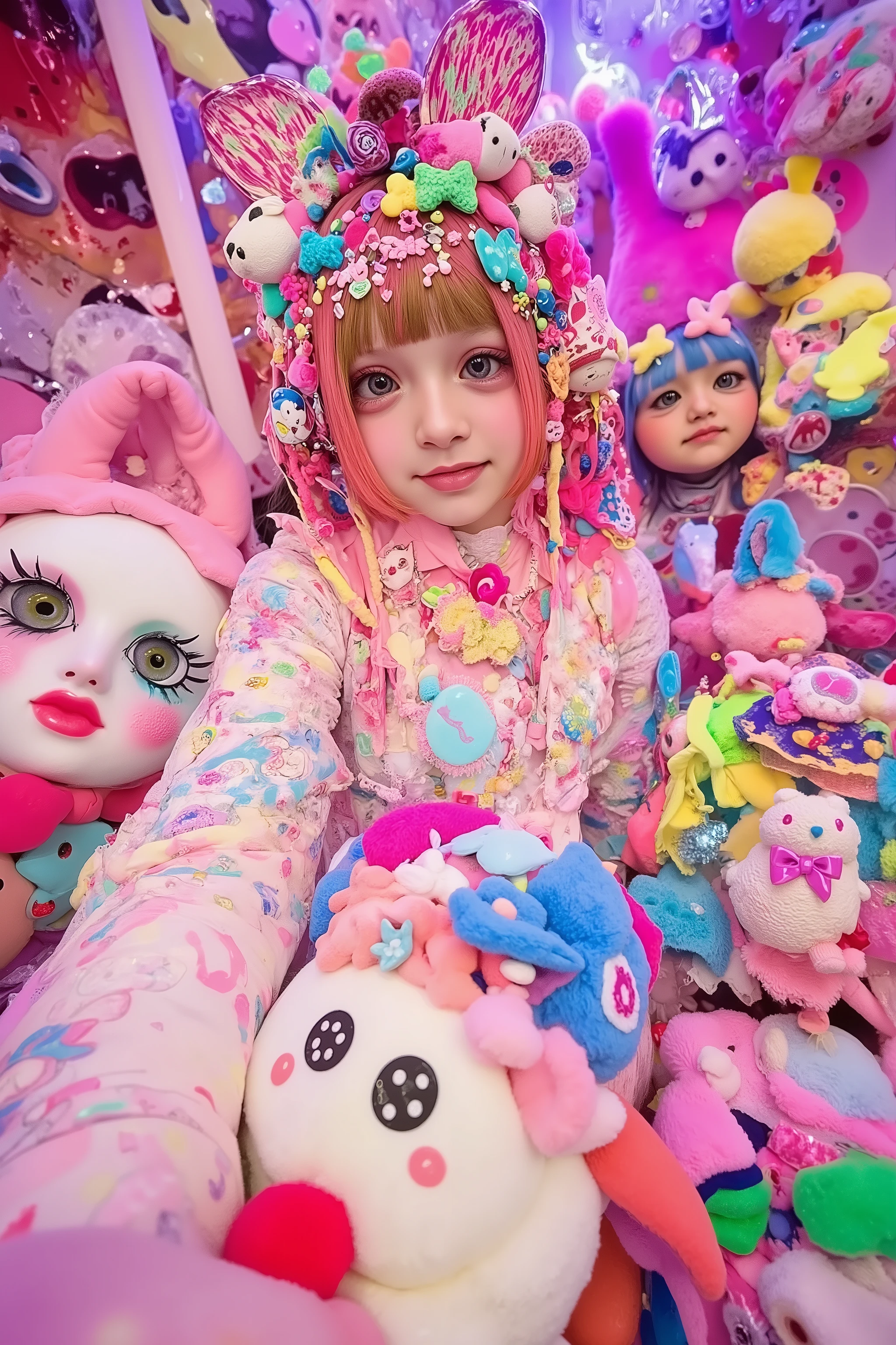 1 girl,decora,smile, face shot,artist photoshoot,decora background