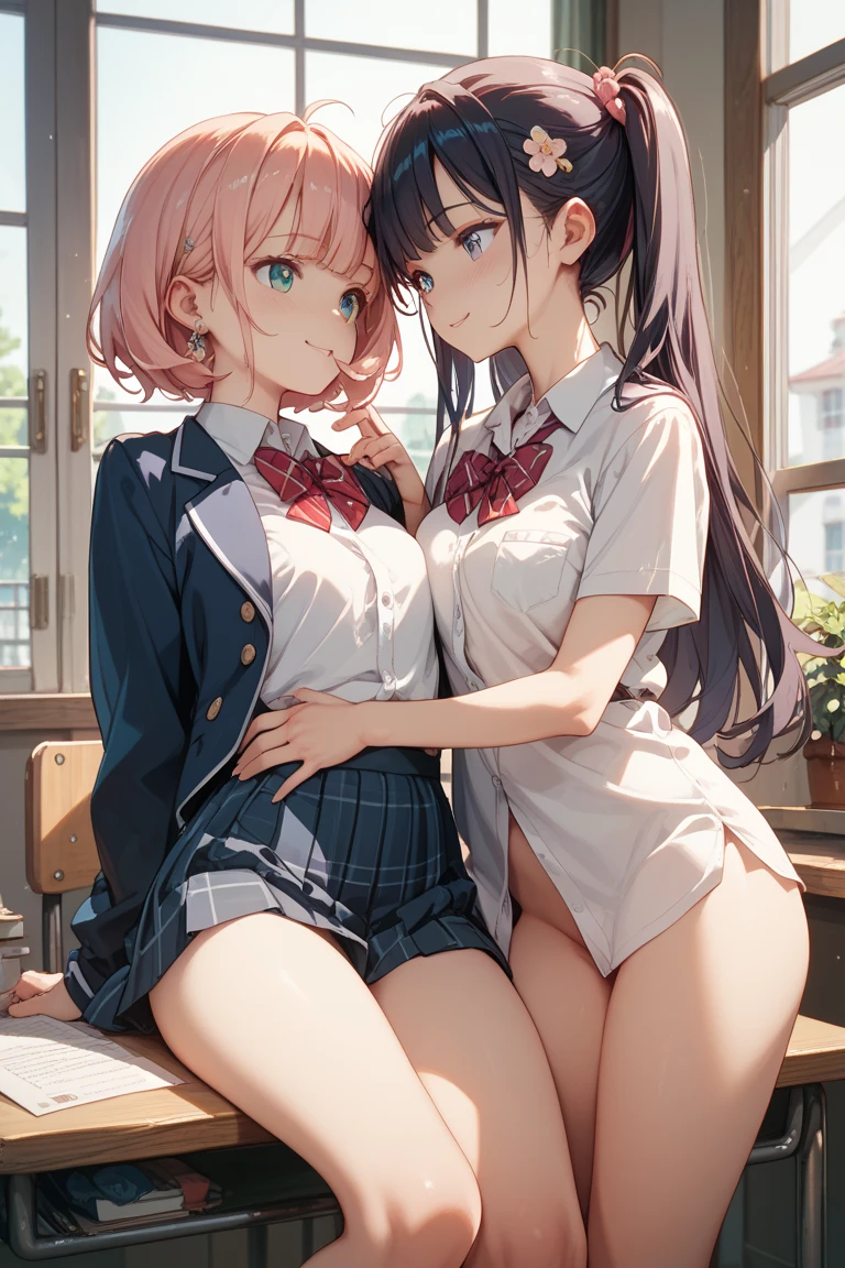2girls,
(assisted_exposure:1.3),lift skirt
,looking down at viewer,{{{from below:1.2}}}, very low-angle shot, View from below},
short bob hair, Strands of hair,Farben Hair color
,BREAK,
{{{shaded face}}}, grin,smile, looking down at viewer, masterpiece,absurderes, beautiful detailed face
Classroom
,tiny chest、red blush, gyaru, shirt, plaid, bow, blush, white shirt, hair ornament, nail polish, plaid skirt, bowtie, pleated skirt,cleavage
,looking at the viewers, BREAK, masterpiece,absurderes, beautiful detailed face,(masutepiece:1.2), Best Quality, High resolution, Unity 8k wallpaper, (Illustration:0.8), (Beautiful detailed eyes:1.6), extra detailed face, Perfect Lighting, extremely details CG, (Perfect hands, Perfect Anatomy),(Skirt lift:1.3), (Skirt that rolls up:1.3)、(Fully exposed panties:1.5)