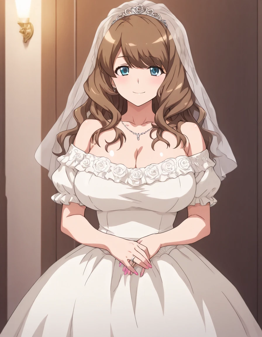 （tmasterpiece：1.4），（Best quality：1.2），Detailed faces，Risa Aoyagi，1个Giant Breast Girl，Short hair details，with brown eye，Close-up of beautiful bride wearing beautiful wedding dress, Guwitz, (wedding veil: 1.5), (Transparent short veil: 1.5), face flushed, Head flower, tiara crown, (Bandeau wedding dress: 1.5), (silk dress: 1.2 ), (Strapless wedding dress: 1.5), Plain white dress, choker necklace, 耳Nipple Ring, (gigantic cleavage breasts: 1.3), Deep V heart collar wedding dress, By bangs, lipsticks, (Lace gloves: 1.3), fully body photo, High-detail RAW color art, a white long skirt, full bodyesbian, Place your hands behind your back, and floor-length skirts