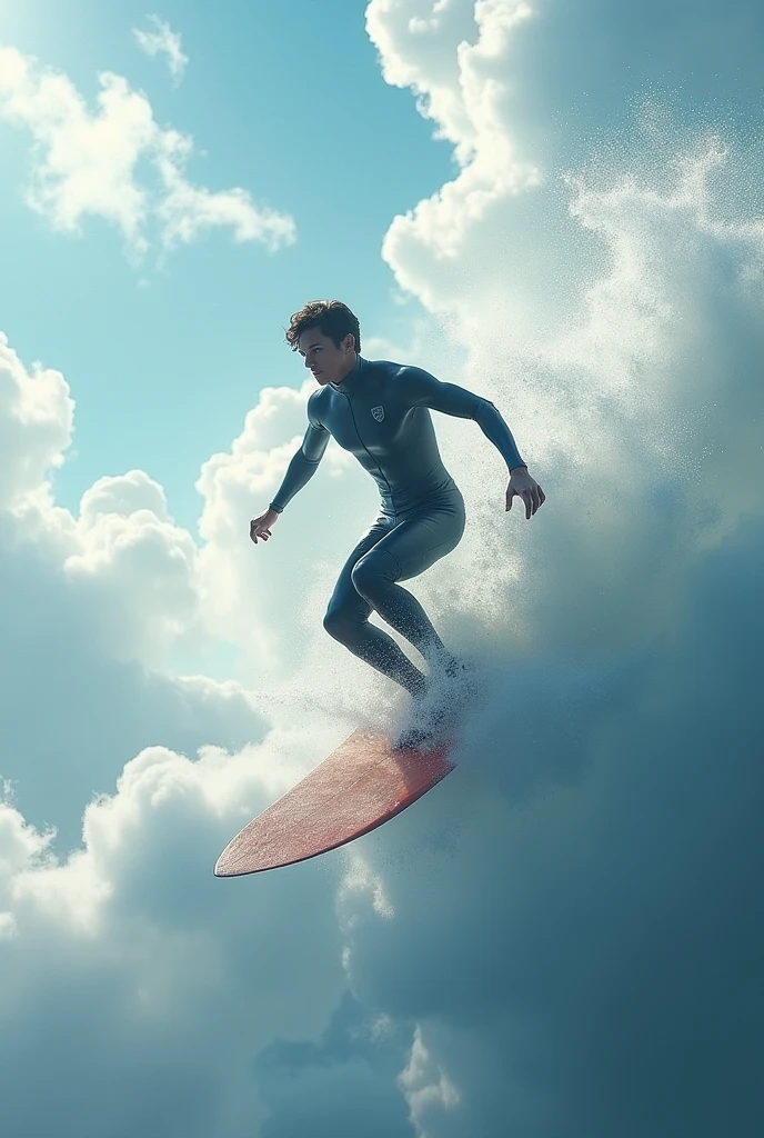 Homme sans jame qui fait du surf sur un nuage