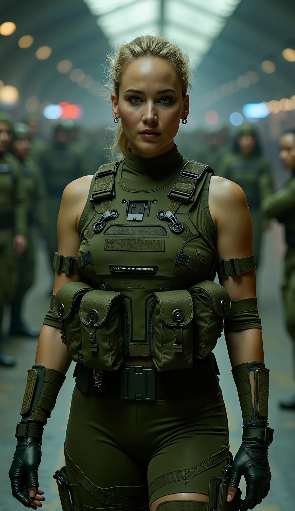 Jennifer Lawrence's hyper realistic Sonya Blade in green tactical clothing on a runway in the background people dressed as Brazilian army upper body in a cinematic 8k