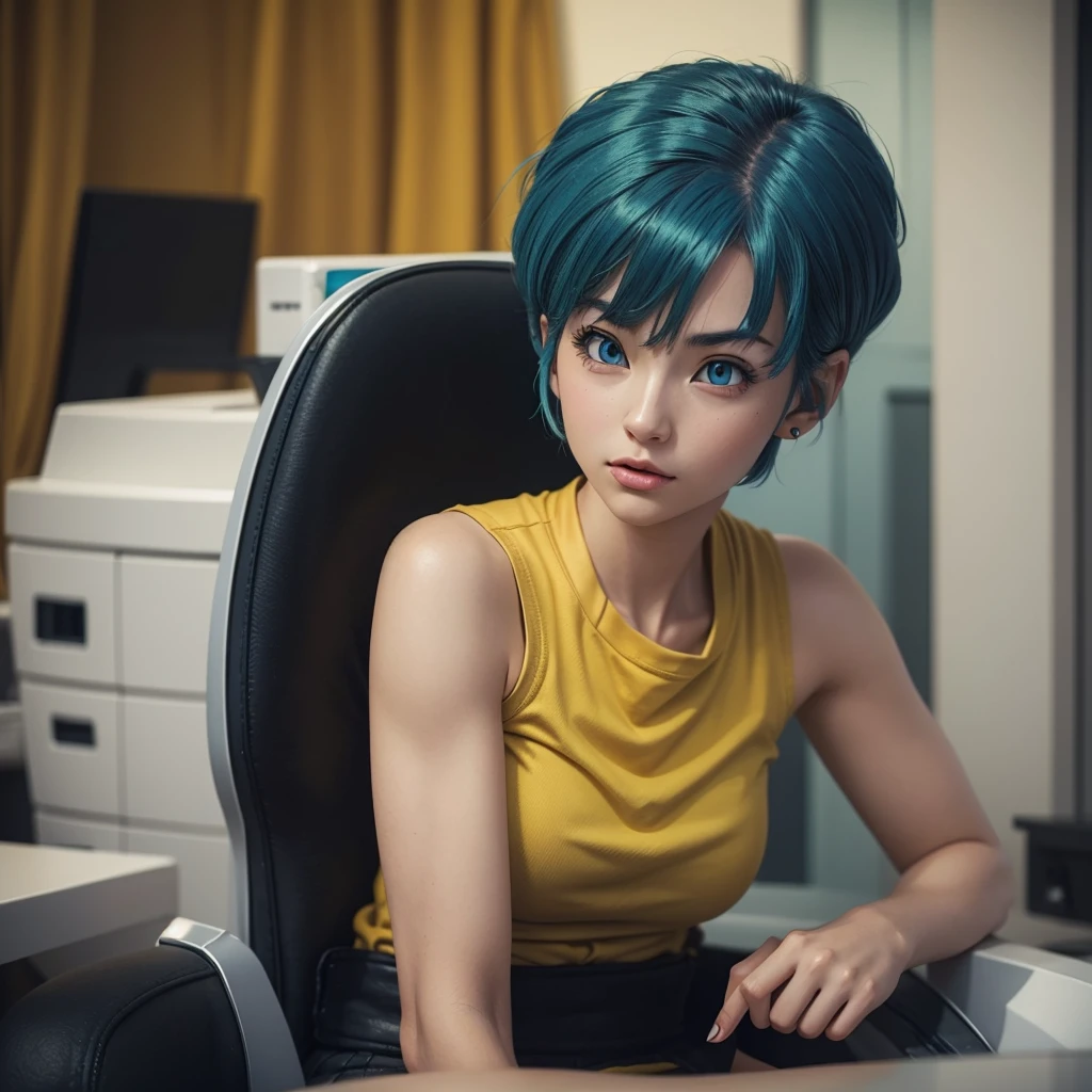 masterpiece, Highest quality, DQ Bianca, Single Blade, Earrings, choker, Orange Cape, Green Dress, belt, Small breasts, Sitting, Upper Body, Leg spread, Chest, Turn your body forward, hot, Sweating a lot, Wipe away sweat, looking at the camera, Sitting in the CEO chair, angry
