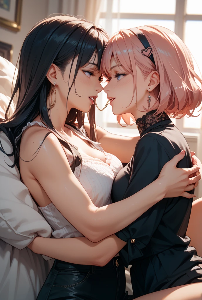 ​(Best quality, 8K, Masterpiece:1.3, 2 girls, Beautiful girl), cute, Dynamism, Detailed face, Detailed skin, detailed clothes, Detailed eyes, Detailed lips, Detailed tongue, Detailed fingers, Detailed mouth, Photorealistic, Raw photo, highres, hight resolution, Natural lighting, dynamic pose, perfect anatomy, toned legs, double eyelids, tear bags, round eyes, moist lips, sweaty, ecstatic face, nurse, nurse costumes, patient room, bed, half closed eyes, blush, open mouth, tongue out, tongue kiss, ahegao, drooling, split-color hair, (lesbian, lesbian kiss, yuri, 2 girls are kissing), erotic kiss, sexy kiss, forehead, bangs, grabbing crotch, lesbian sex, white hair