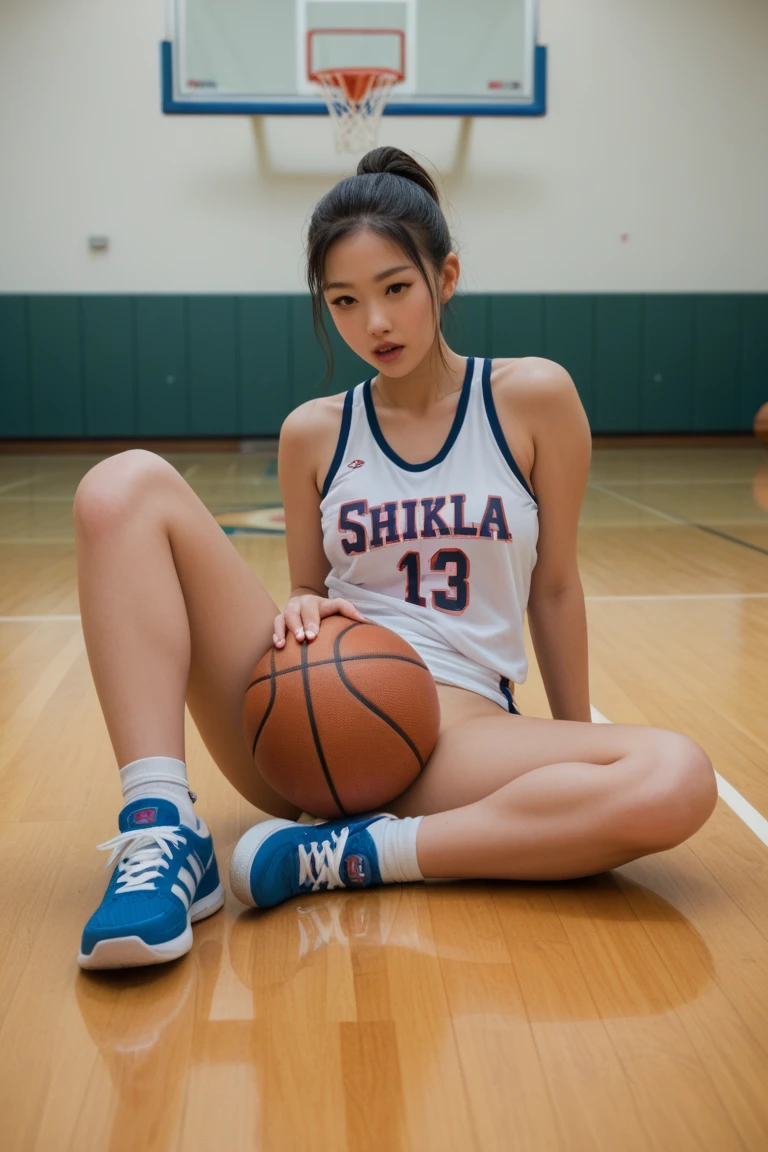 Beautiful asian lady, showing her panty and medium breast, in the basketball court, full body picture, high quality photo, well-detailed face, with make-up, earrings. necklace. blurred people on background