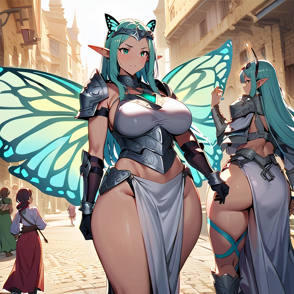 The most beautiful and sexy elf warrior goddess, rainbow colored hair, yellow eyes, dark african skin, wearing extremely detailed battle armor, huge gigantic nude tits and nipples exposed, with fairy wings, tons of tattoos and piercings, in the most breathtaking enchanted forest, cherry blossoms and butterflies blowing in the wind, highly detailed background, perfect masterpiece, high quality, high resolution