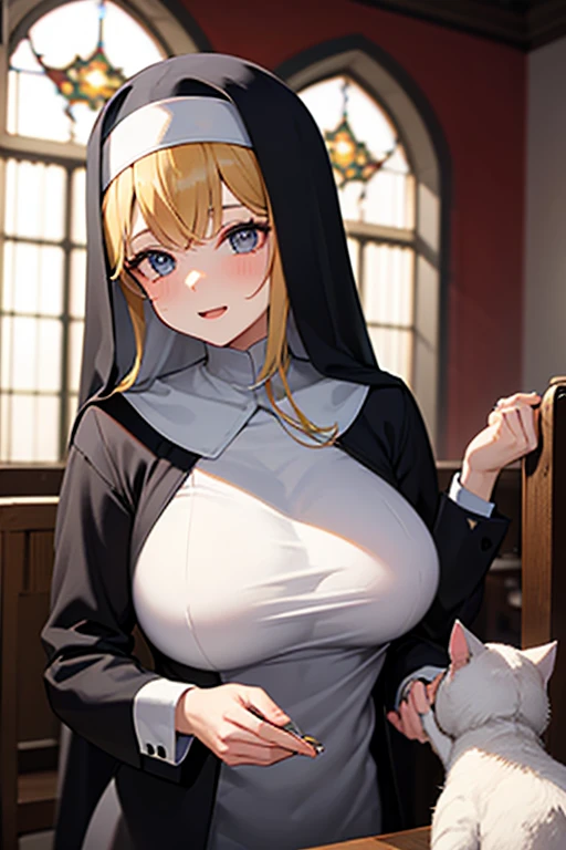 masterpiece, best quality, fabipriestess, veil, black dress, long puffy sleeves, long dress, huge breasts, cowboy shot, standing, looking at viewer, closed eyes, smile, hands to hips