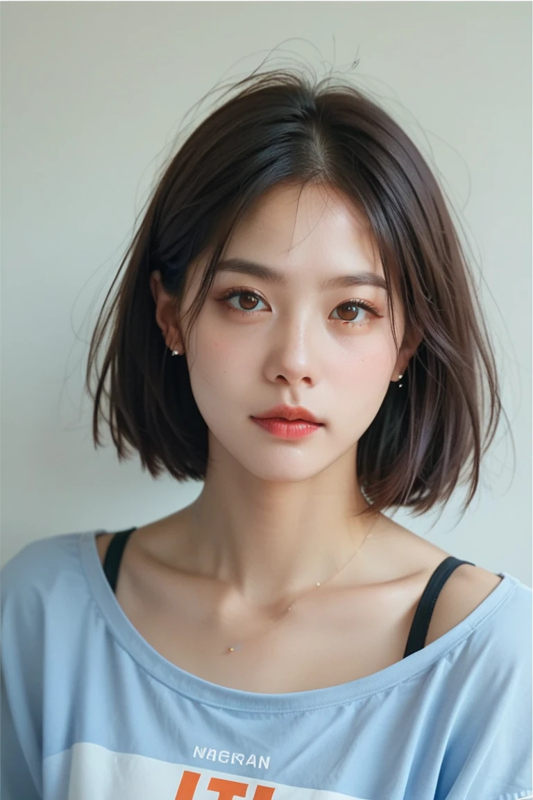 (Best quality, 8K, High resolution, Masterpiece :1.3), pretty gravure model, Slender figure, Dark brown hair, bob cut, large breasts, T-shirt, (Street in city), upper body, Highly detailed face and skin texture, Detailed eyes, Double eyelid