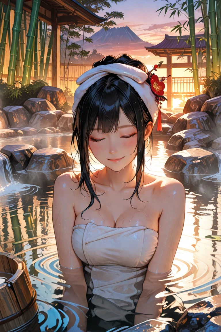 negative space, Shuimobisim, girl, woman,bare shoulders, (ecchi0.5), lips, Water splash, (wood:0.5), (flowers:0.6) ,(a bird:0.2), (bamboo0.1), lake, Hangzhou, bonian, bonian in background   