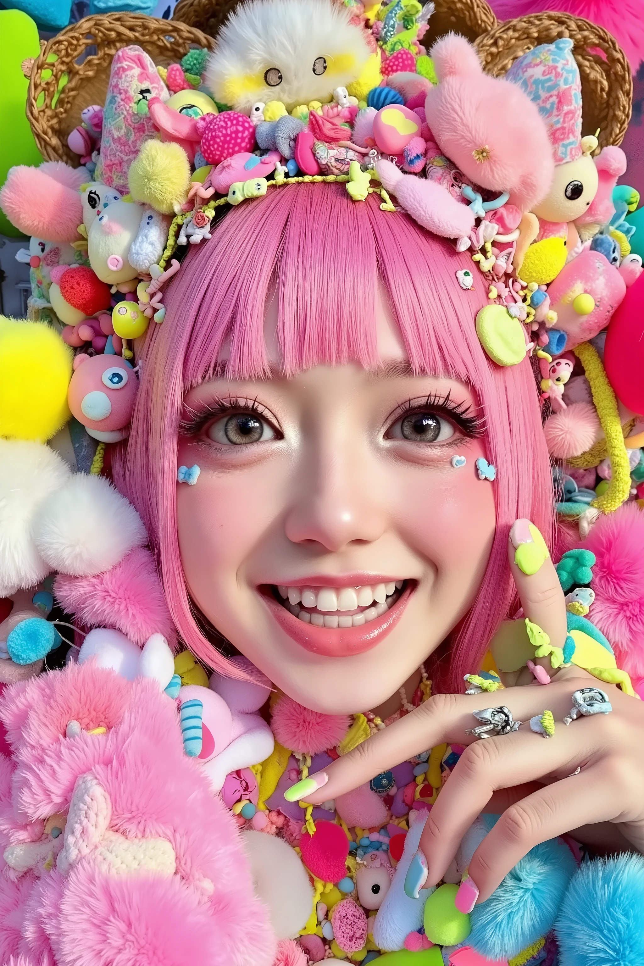 1 girl,decora,smile, face shot,artist photoshoot,decora background