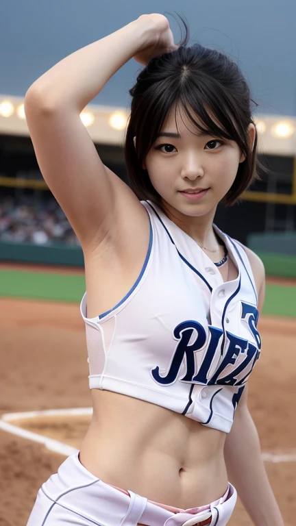 (Tabletop:1.3), (8k, Super fine、Super detailed、Realistic, RAW Photos, Highest quality: 1.4), Japanese Athletes, Beautiful Face, (A vivid face), (Shortcuts:1.3), Realistic eyes, Beautiful Eyes, (Real Skin), Beautiful Skin, short hair,超High resolution, ultra-Realistic, High resolution, Beautiful Japanese Women, (夜のAthletics Stadium, Athletics Track:1.5), Athletics Stadium, (Please show me realistic armpits:1.4), (Place your hands behind your head:1.2), (((Happy big smile, )))15-year old Japanese girl, Show off your delicate armpit hair, Big Breasts、ponytail,High leg bikini、Abdominal muscles、anatomy、Slimming、Slim body、Nipples、Sticky clothing、You can see the shape、(((びしょ濡れ、汗だく)))
