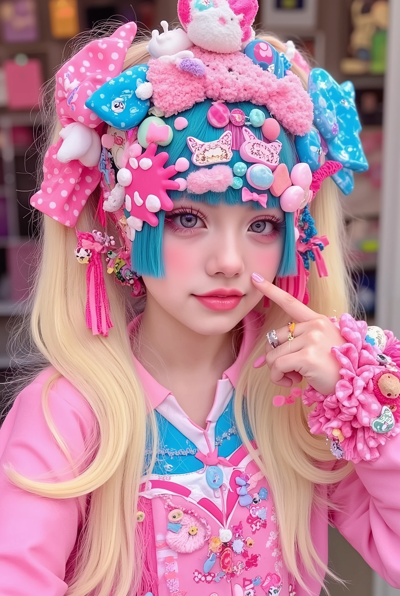 1 girl,decora,smile, face shot,artist photoshoot,decora background,shot with a Canon EOS R5,50mm lens,depth of field