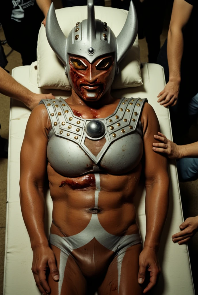1man,solo,4k,8k,ultraman taro pin up,photo realistic,gay,bara,nude,naked body,slim body,human skin color,hairy body,slim body,head only ultramantaro with naked human body,small penis,shower room