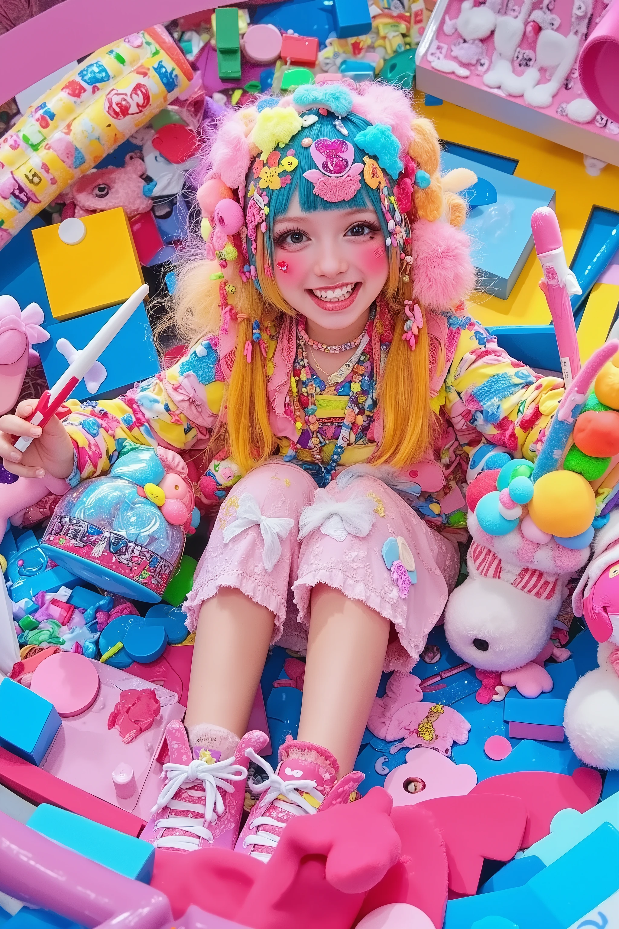fisheye lens,1 girl,decora,smile,artist photoshoot,decora background,shot with a Canon EOS R5,50mm lens,