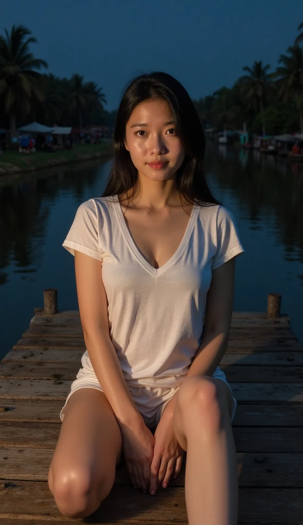 A beautiful woman with smooth white skin, Asian, laughing, cheerful, happy, wearing a white t-shirt, blue jeans, carrying a large camera, looking expensive, sitting on an old wooden boat. Watch fireflies in the canal at night. Fireflies are insects that glow. Fly low. Dim moonlight filters through the clouds. Soft moonlight. A dark night. Thick, black clouds. Only the fireflies glow slightly. that fly back and forth to that area There is a reflection in the water. In a canal with calm water like a mirror, Thai landscape, 32K high resolution. 