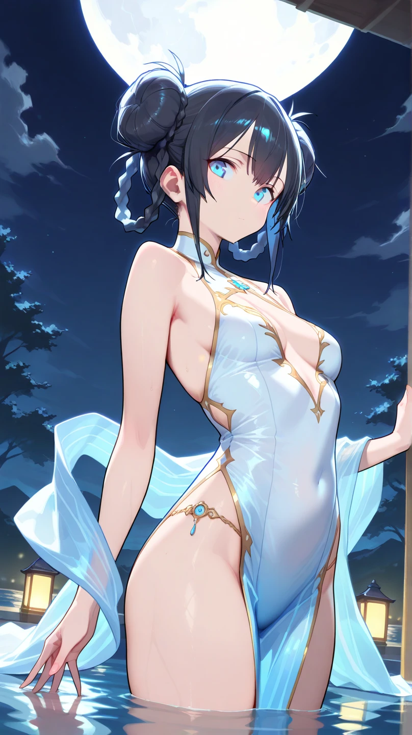 (8k, RAW photo, best quality, masterpiece: 1.4), ultra high definition, (realistic, photorealistic: 1.48), beautiful lake, (flat chest:1.2), young girl, 20 years old, whole body, Japanese famous actor, see-through costume, transparent white