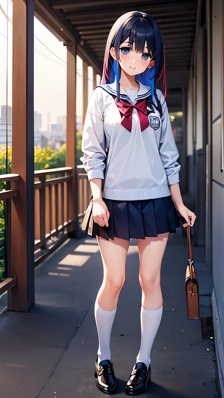 With the best image quality、Teenage girl standing outdoors。In high resolution、Beautiful fine details、tranquil atmosphere。(((Black hair bob hair)))、Cute smile。White short-sleeved sailor suit、Navy blue pleated skirt、Navy blue socks、Brown loafers
