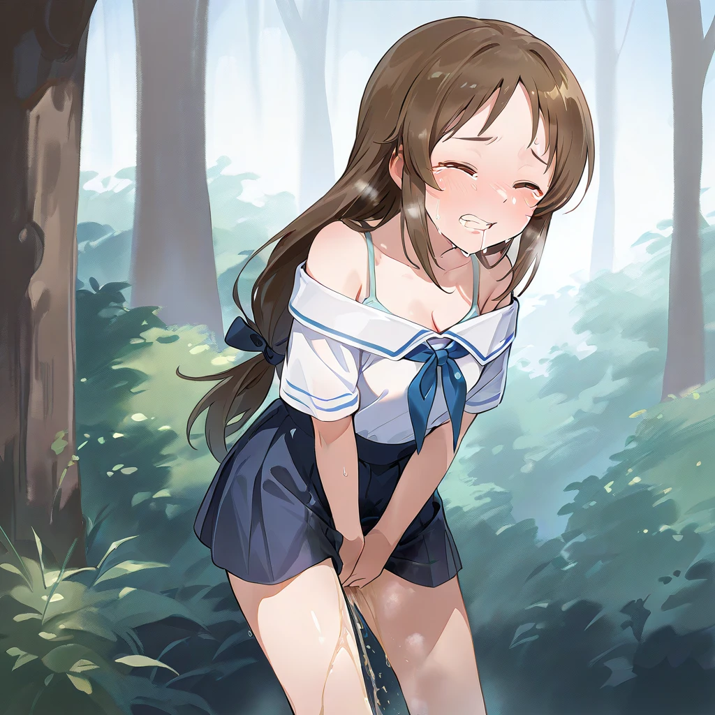 NSFW, (masterpiece, top quality, best quality, highly detailed:1.6), anatomically correct,(cowgirl:2.5),(in the forest:2), (standing:2.9),(leaning forward, hands between legs:2), (Touching crotch, holding crotch:3), (rubbing knees together, pee running down legs:2.5), (((clutching crotch))), (full body), wide shot, long shot, strong facial expression, (sharp eye:1.2), (scowl:1.1), (embarrassed,blush:1.3), (steam:2.9), (Wet:1.1), (sweat:1.1), (trembling:2.3), (open mouth, wavy mouth:1.4), (clenched teeth:1.7),(drooling:0.3),(tears:3), (half open eyes:3.9), (one eye closed, Wink:2.1), (feeling weak:1.5), (bravery crying, sobbing:1.5), (shoot from front, looking at viewer:1.2), colorful, ((indoor)), (Ponytail, very long hair, Dark brown hair, Extra long hair:1.5), (Round Glasses:2.6),(high-heels:1.5), (woman trembling with sexual climax), urination, piss, peeing self, A lot of pee, large breasts, (((pee stream))), (pee puddle), pee stain, peeing, blush, embarrassed, Are crying, Yellow pee, ((leaking pee)), Shaking one's shoulders, Breaking a sweat on forehead, Wetting self, puddle of pee, Pee at your feet, Pee spread on the floor, Pee stains, Dripping pee between my legs, Feet Wet from pee, Pee-covered feet, Pee at your feet, want to pee, about to pee, Full bladder, Pee-soaked high-heels, The limit of holding in pee, A big pee, Pleasant pee, a big puddle of urine at my feet,Non-stop peeing, Unstoppable peeing, panty Wet with pee,A pleasant feeling of urination after holding it in to the limit, Pee-soaked thighs,Pee-soaked hands, natural makeup,