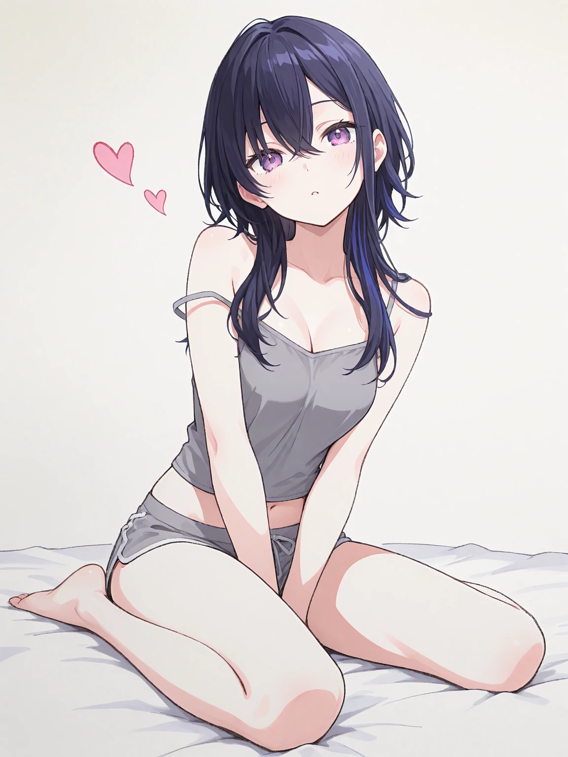 ((1 beautiful girl)),(large udder),(((Top image quality))),(((detail portrayal))),(((Rational portrayal))),(((Best Quality))),(((Indigo hair))),(((Straight hair))),(Very Shorthair),(((a small face))),(((Pin the bangs to the side))),(((put out one's forehead))),(((asymmetrical bangs))),(((Indigo eyes))),(​masterpiece)), (((drooing eyes))),((top-quality)),((Vivid light and shadow depiction)),(((cute little))),(((Beautiful body lines))), (Detailed body line depiction), ((detailed face depiction)),((ighly detailed)),  (8K), top-quality, (Beautiful fece),(((World-class quality))), ighly detailed, hight resolution,(((Anime filling))),(((de pele branca))),(((wearing a white tank top shirt over naked))),(((White panties))),(((Detailed panty depiction))),(((red blush))),(((Shameful smile))),(((Composition seen from the front))),(((Luxury hotel rooms))),(((Sitting in bed))),(((Condoms are scattered on the bed))))