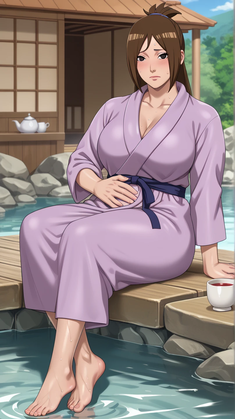 A middle-aged woman named Minako Kazama, standing and smiling warmly. She is around 155 cm tall with a healthy, average build that gives her a soft and gentle appearance. She has light brown hair in a medium length, just touching her shoulders, with straight bangs that give her a cute and youthful look. Her face is round and friendly, with large, bright eyes that resemble her son Daisuke's. She is 4, and her appearance reflects a touch of maturity and experience appropriate for her age, while still maintaining her cheerful and warm demeanor. The image should convey a sense of her maturity, with slight wrinkles or other age-appropriate features, while still showing her warm and comforting presence.